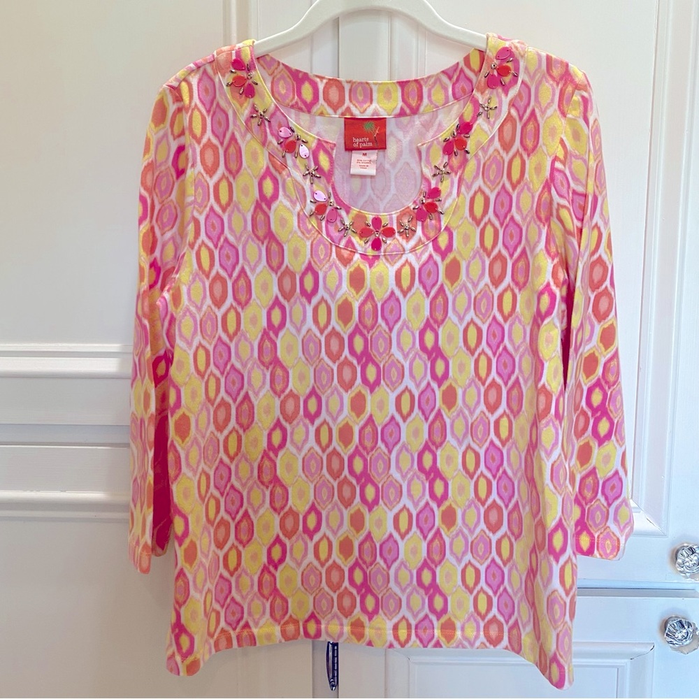 Hearts of Palm Pink, Coral & Yellow Graphic 3/4 Sleeve Tee Embellished